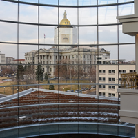 A view of the Capitol from the fourth-floor balcony in the atrium of the Ralph L. Carr Colorado Judicial Center.