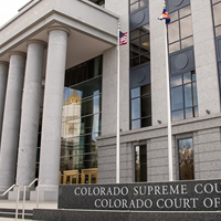 The front of the courthouse building of the Ralph L. Carr Colorado Judicial Center.